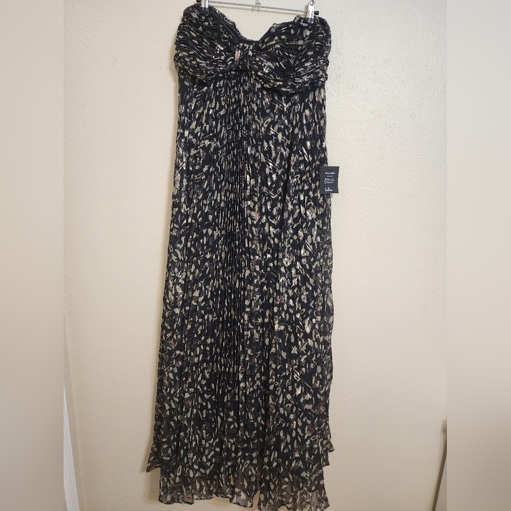 Lulus Lynwen Black Abstract Pleated Strapless Maxi Dress L Wedding Party Formal - Picture 6 of 10